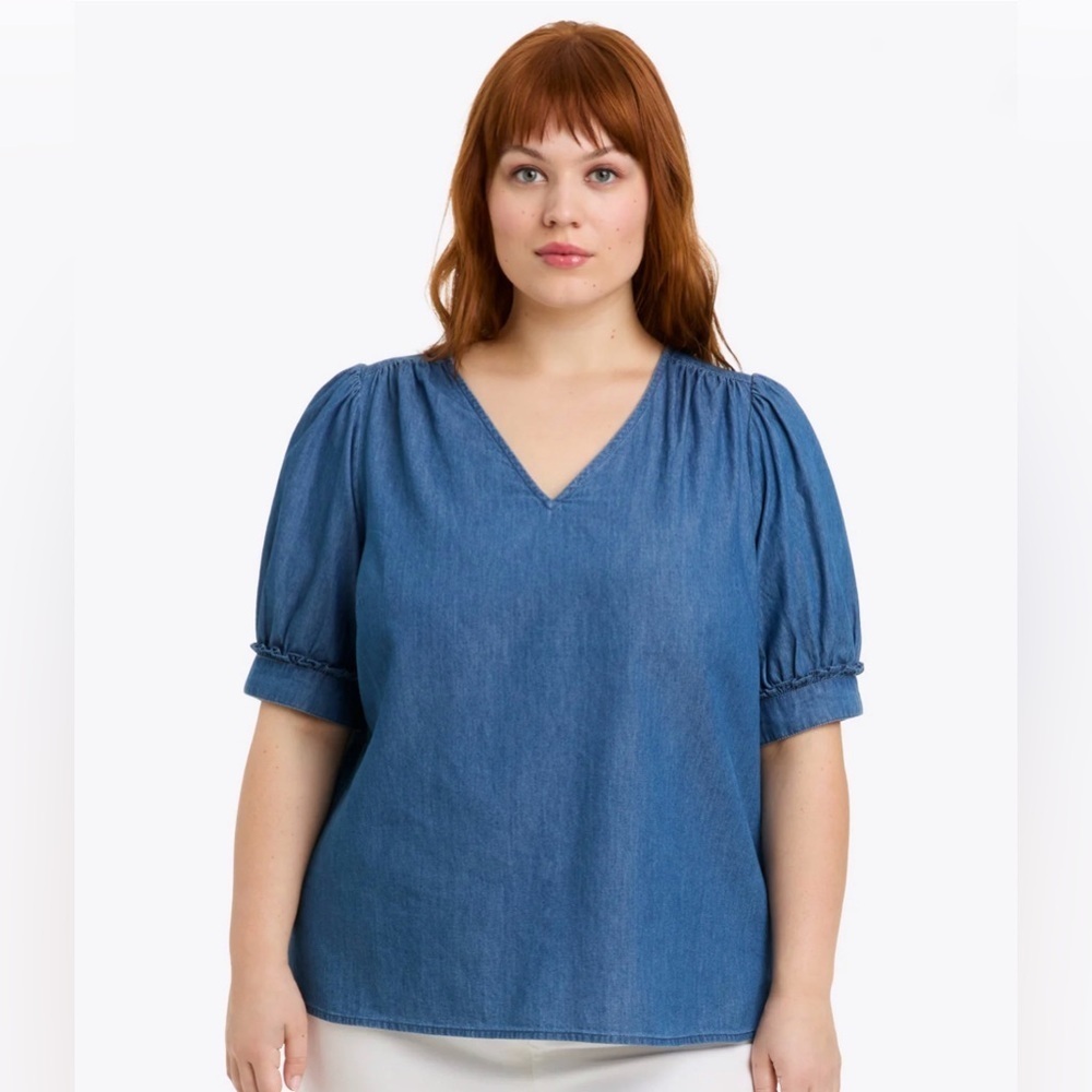 Draper James Heidi V-Neck Ruffle Sleeve Top in Chambray Size XL